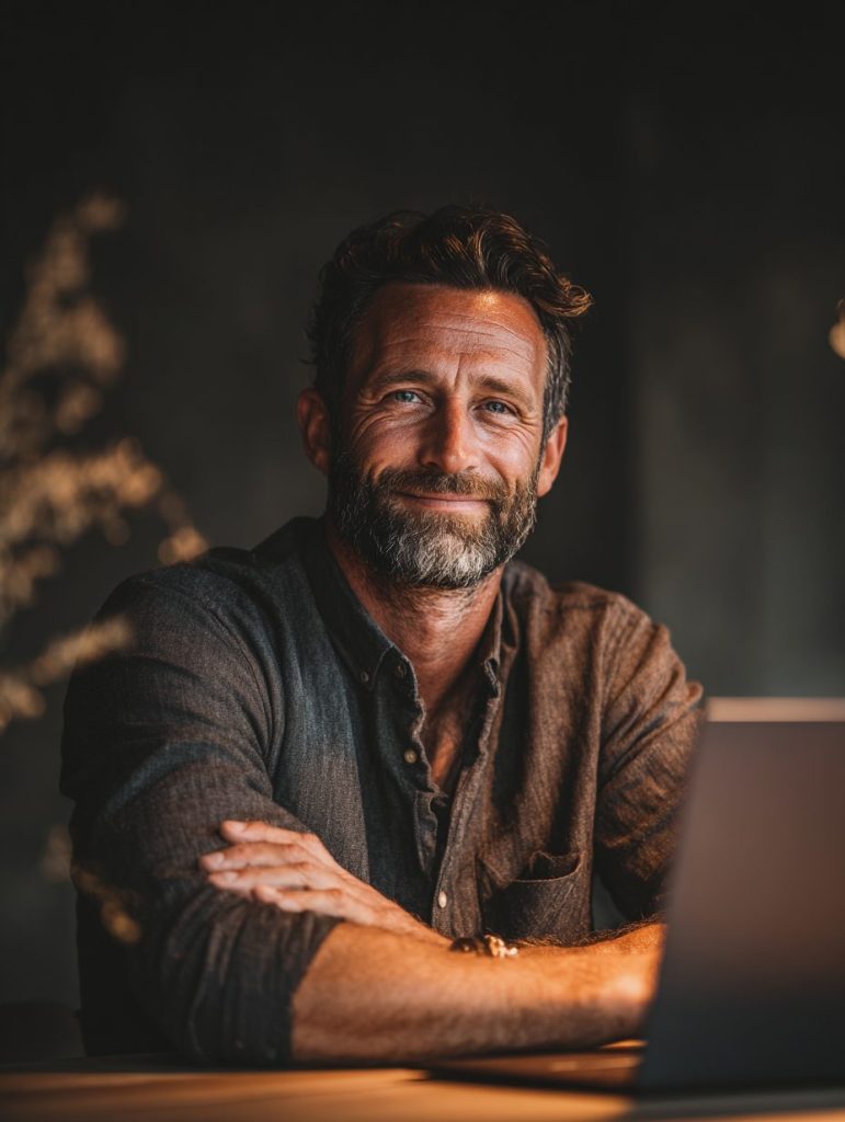 Chef d'entreprise souriant devant son ordinateur, satisfait de ses résultats après une campagne Google Ads