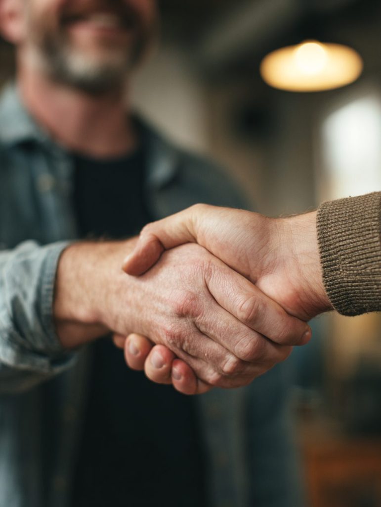 Poignée de main entre un entrepreneur et son consultant webmarketing, symbolisant un partenariat de confiance pour générer des prospects qualifiés