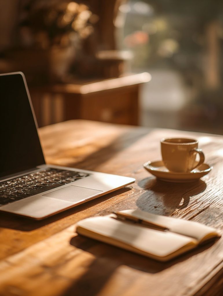 Bureau avec ordinateur portable et carnet de notes au lever du soleil, illustrant les conseils pratiques en webmarketing pour TPE et PME du blog Web Space Concept