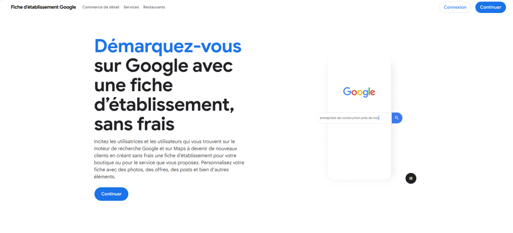 Photo de la page d'accueil de Google My Business en français